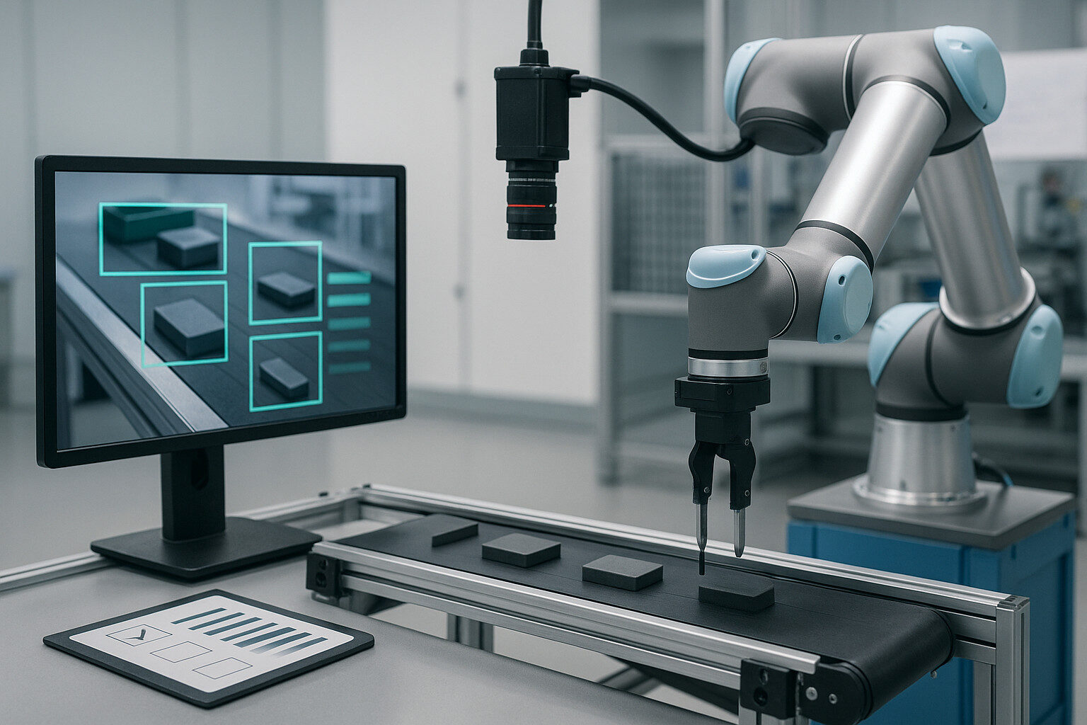 Bildverarbeitungsgeführte mechatronische Zelle mit Cobot und Förderband für Pick-and-Place.