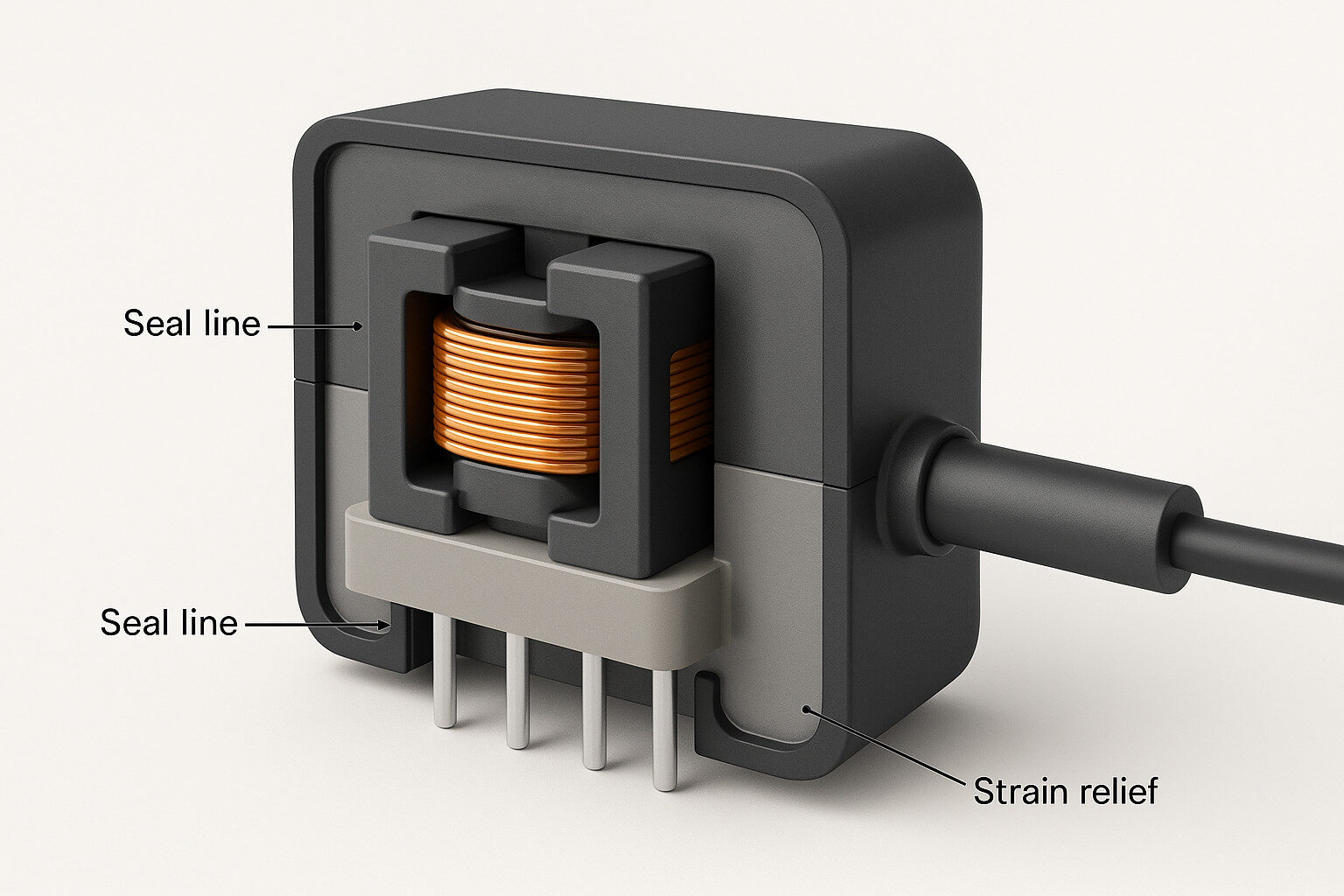 Cutaway of an overmoulded transformer highlighting encapsulant coverage and strain relief.