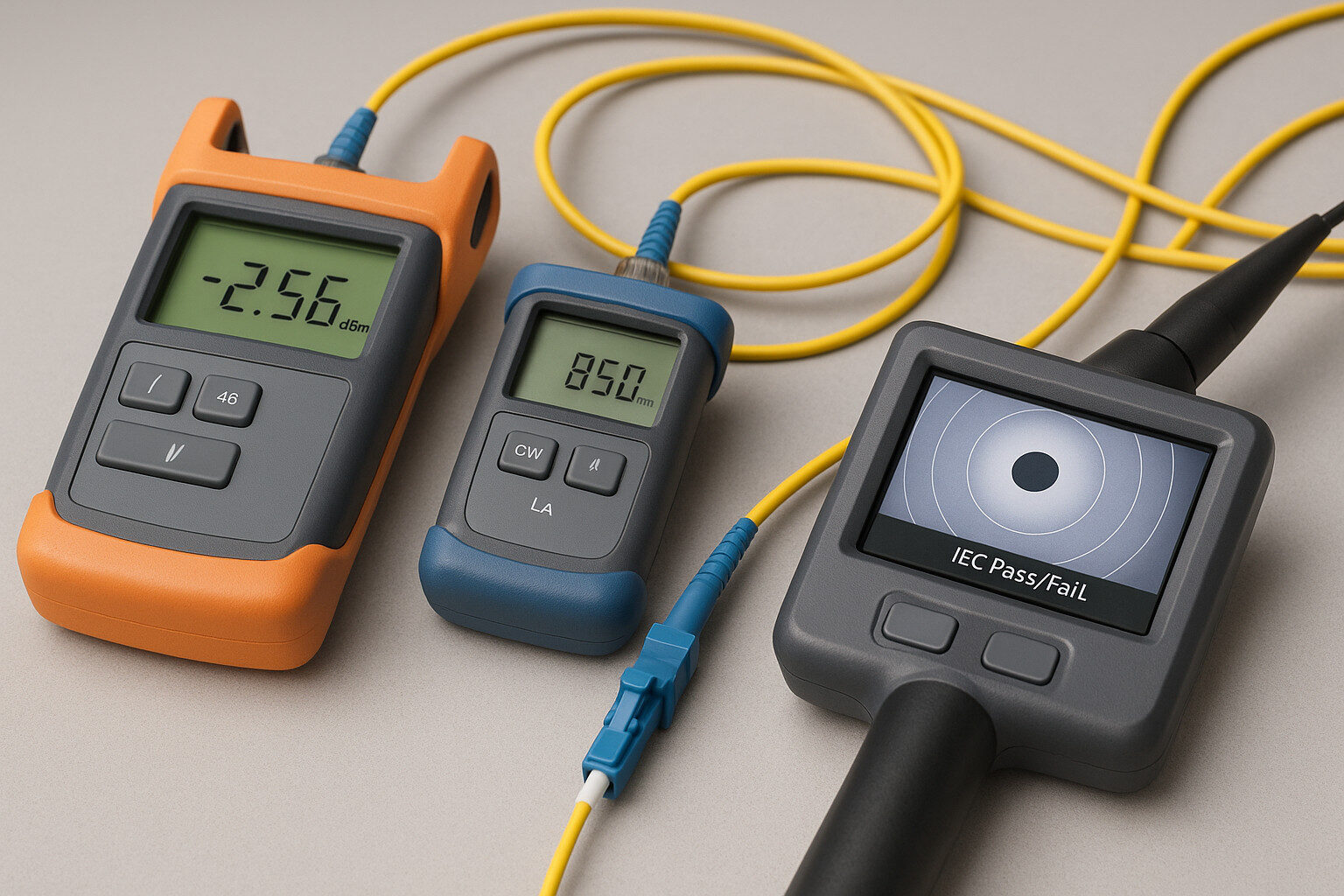 Optical test bench measuring insertion and return loss with end-face inspection of an LC connector.