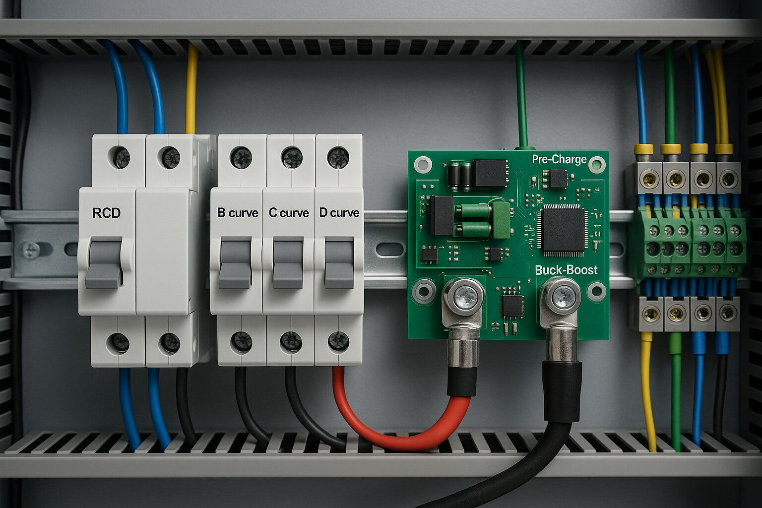 DIN-rail miniature circuit breakers feeding a pre-charge and buck-boost module inside an industrial enclosure.
