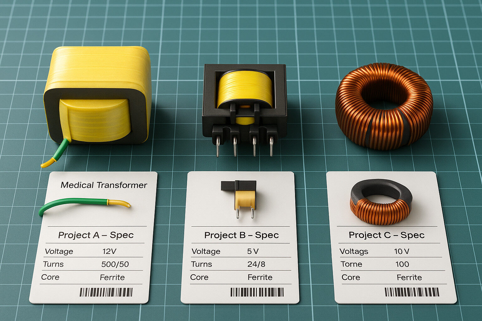 Three sample winding goods with spec cards shown for comparison of EMS capabilities.
