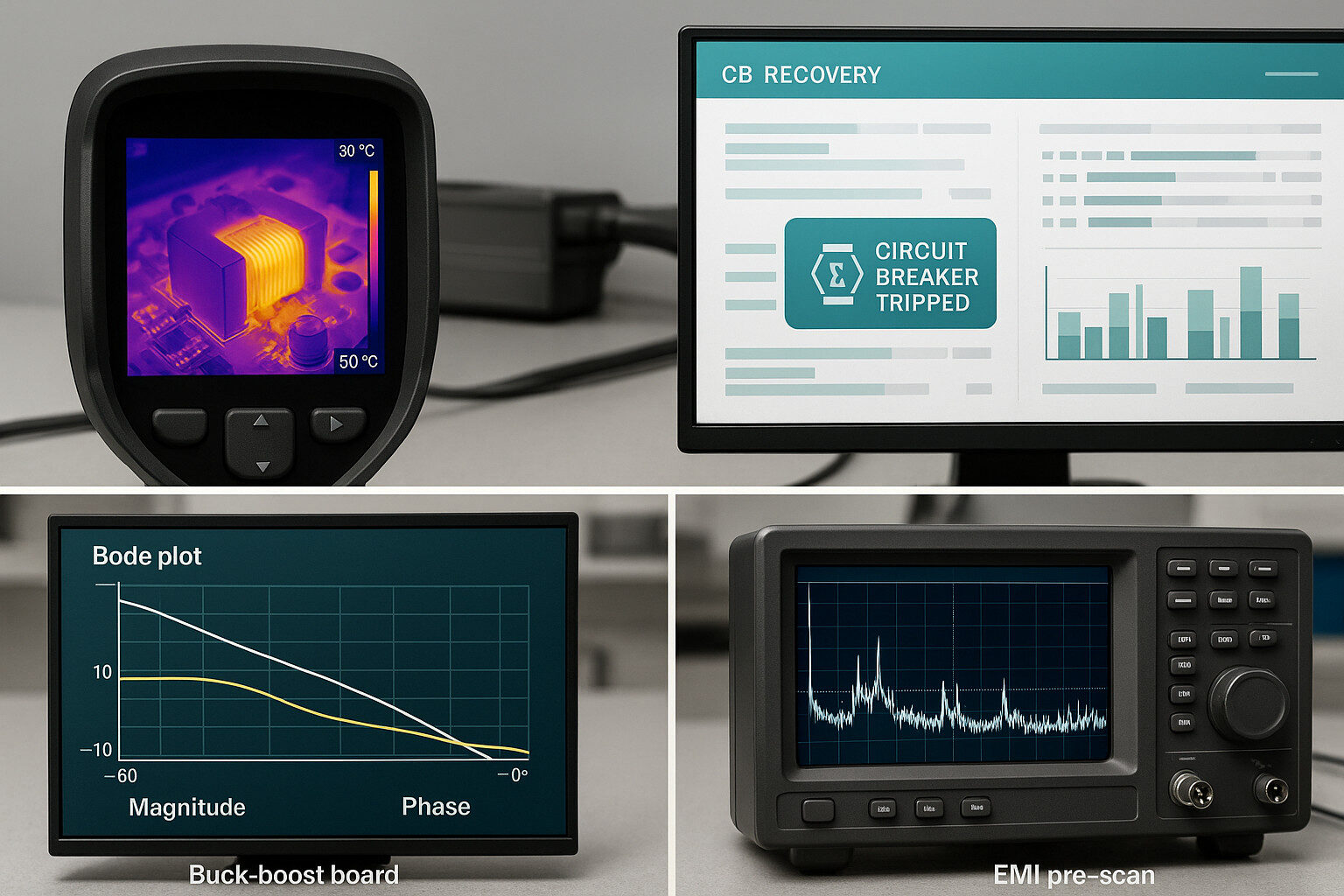 Validation collage: thermal scan, Bode plot, EMI pre-scan, and a microservices dashboard with a recovering Circuit Breaker.