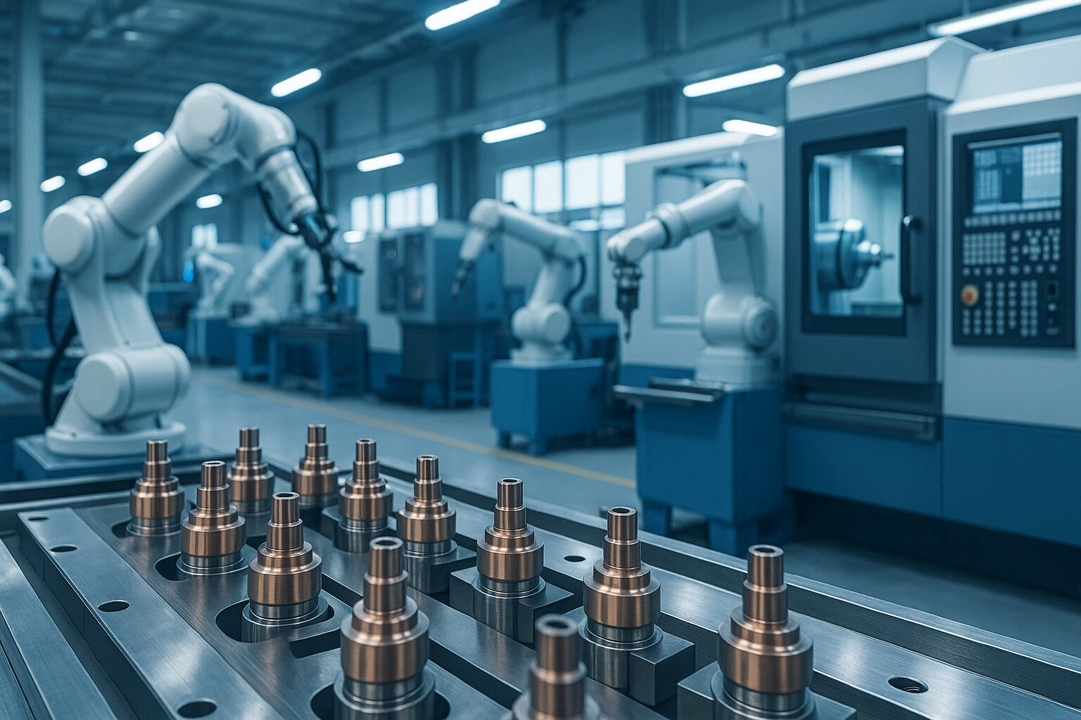 Einblick in eine hochmoderne Fertigungsumgebung mit CNC-Maschinen und Robotik – Präzision und Effizienz in der Praxis.