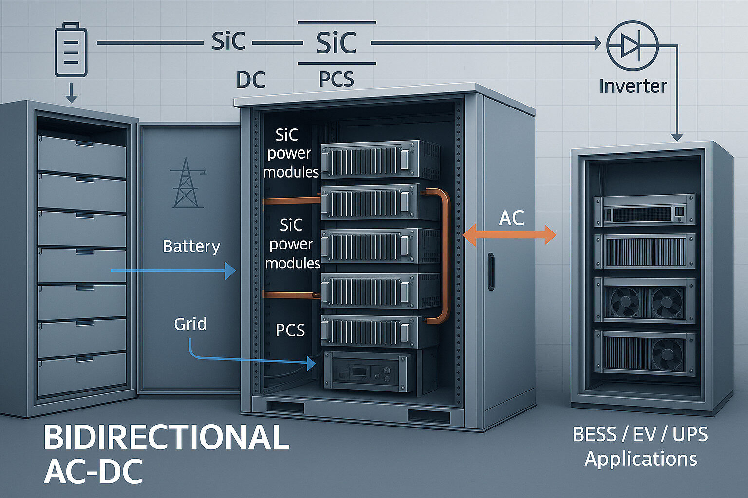 Rack-mount bidirectional AC-DC power conversion system with battery storage, inverter stage, and high-power DC bus — a typical architecture for BESS, V2G, and industrial UPS applications.