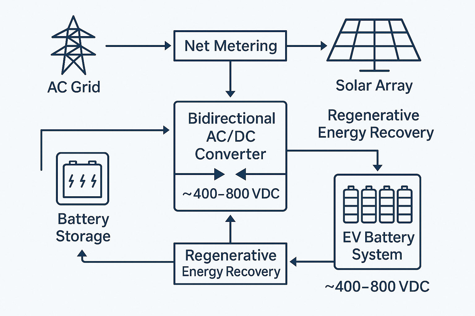 Example of a bidirectional EV charging and energy recycling architecture enabling net-metering, regenerative energy return, and grid support.