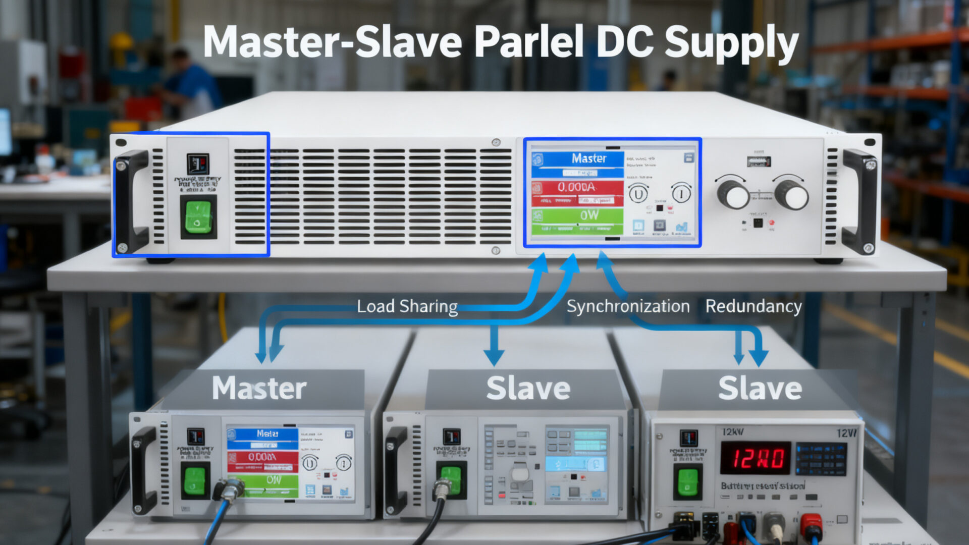A Master-Slave Parallel DC Supply configuration using Programmable Power units, showing load distribution and synchronization for a 12kW industrial load.
