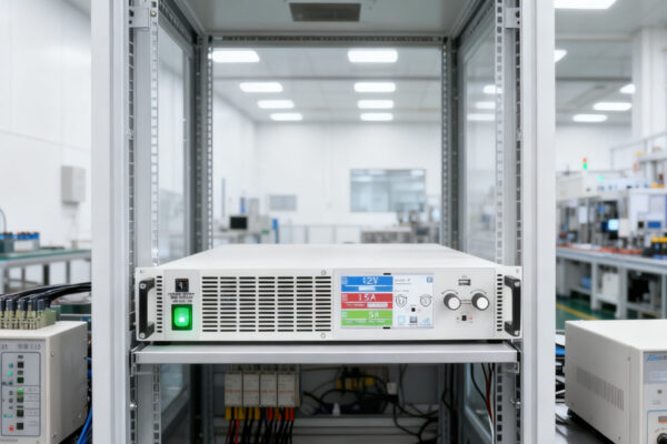 Mehrere 2U-programmierbare Gleichspannungsversorgungseinheiten sind in einem 19-Zoll-Industrie-Rack installiert und von ergänzenden Prüfgeräten umgeben. Die Einheiten verfügen über digitale Displays mit Spannungs-/Strommesswerten sowie LED-Statusanzeigen. Das Rack befindet sich in einer sauberen mittelgroßen Produktionsstätte und unterstreicht so die Platzeffizienz sowie die Integration in industrielle Systeme.