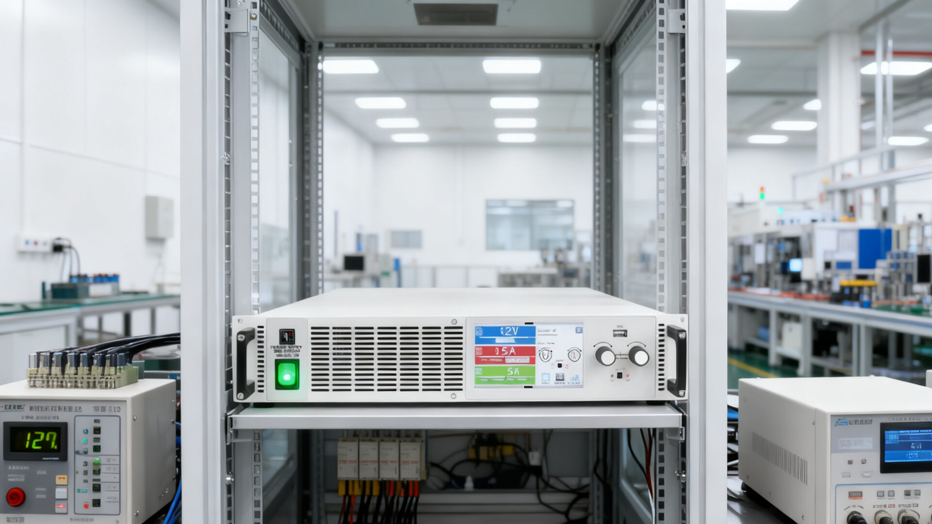 A typical 2U Programmable DC Power rack setup in a medium production environment, demonstrating space-saving integration with other industrial equipment.