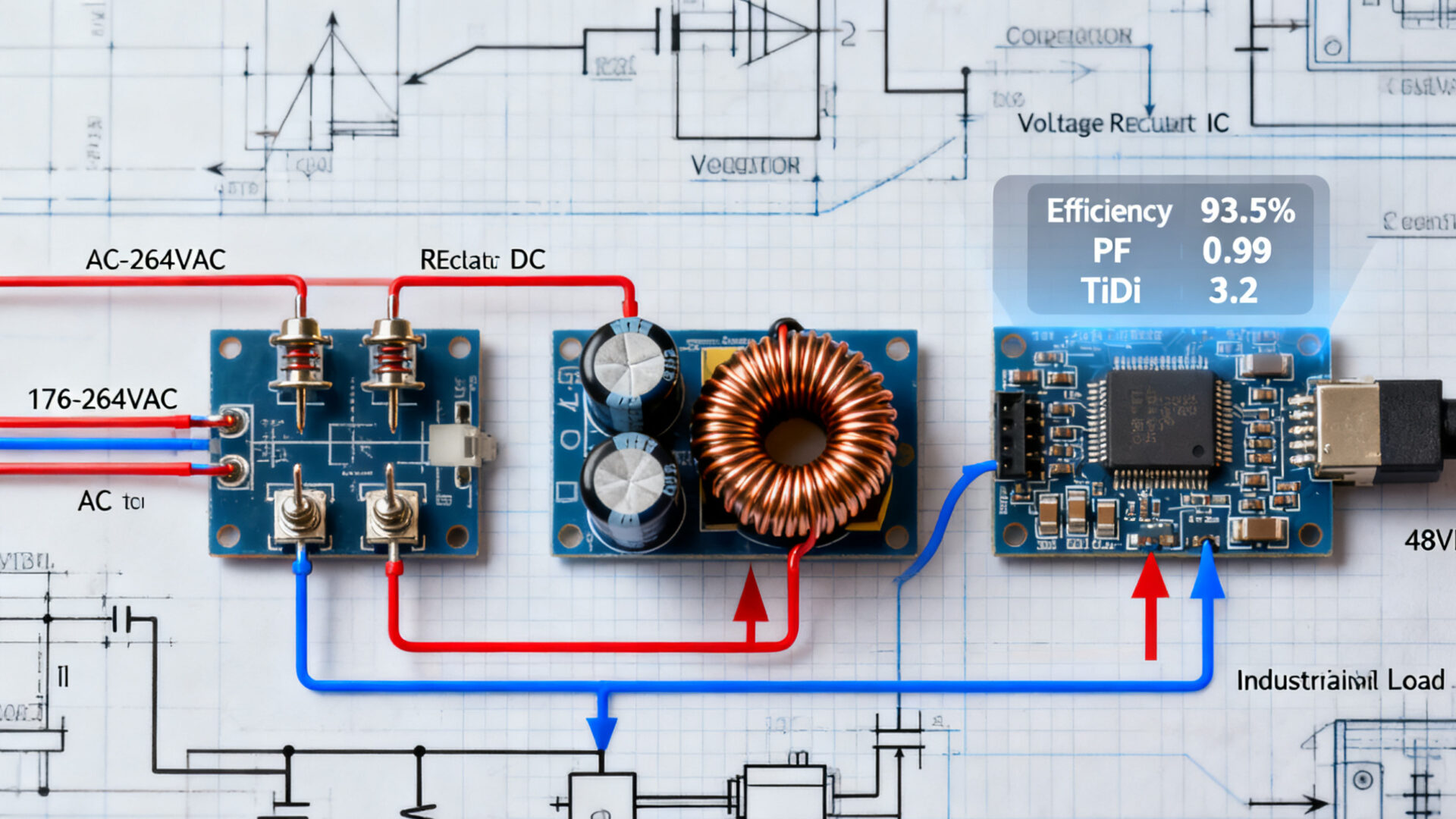 Auf der linken Seite ist der an die Gleichrichterbrücke angeschlossene Wechselstromeingang zu sehen. Im mittleren Bereich befinden sich ein Kondensatorfilter und eine Induktionsspule. Auf der rechten Seite ist der Regler zu sehen, der 48 V Gleichstrom an die Last ausgibt.