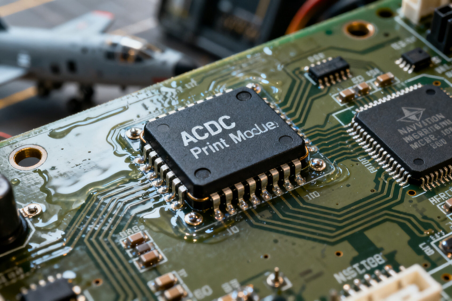 ACDC Print Module surface-mounted on an aircraft avionics PCB. 