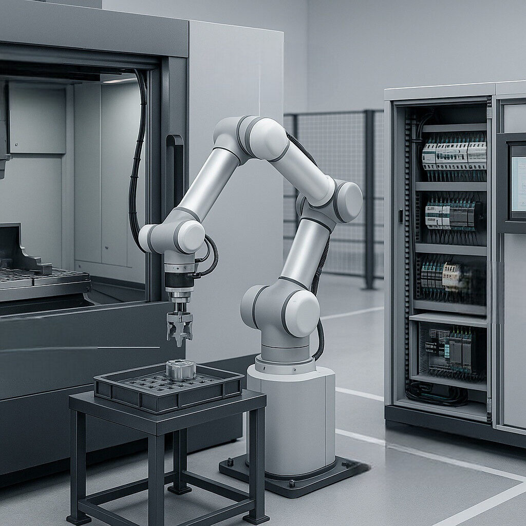 Integrated mechatronic cell with CNC, collaborative robot, and control cabinet illustrating mechanics, electronics, controls, and software.