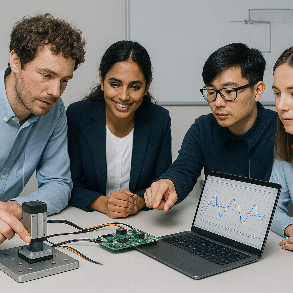 Engineers integrating sensors, actuators, and control software on a benchtop mechatronic prototype.