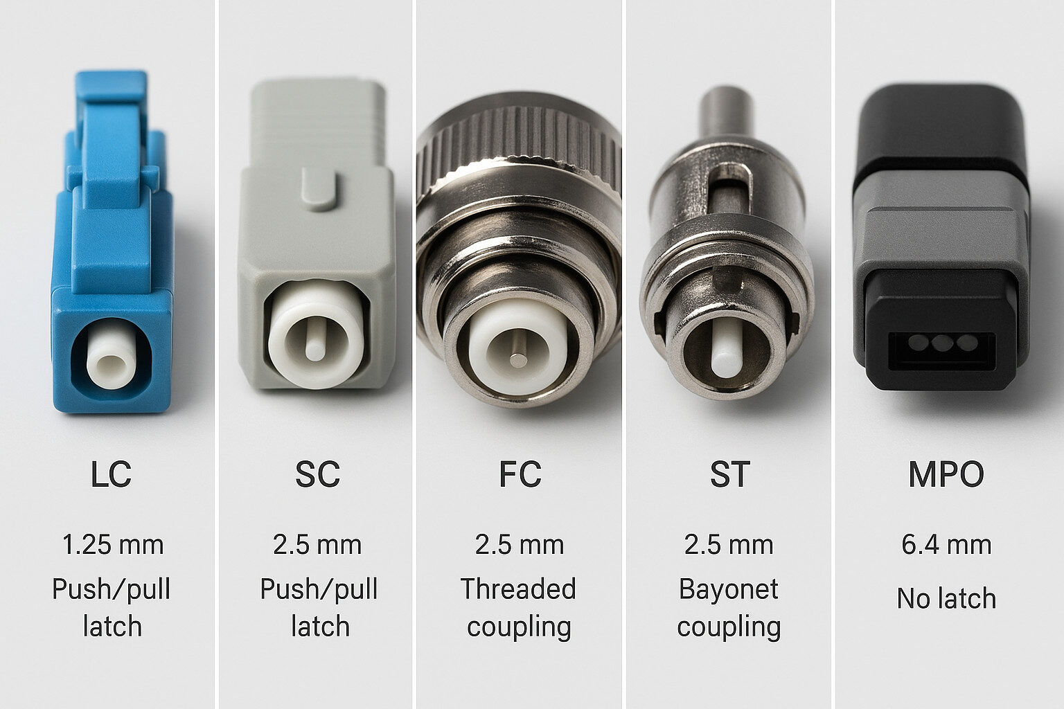 Vergleich von Glasfasersteckertypen einschließlich LC, SC, FC, ST und MPO mit Raststilen.