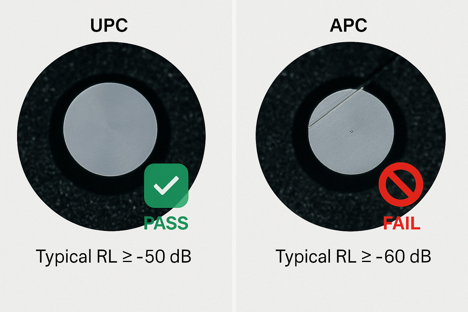Glasfaser-Terminierungsarten, die UPC- und APC-Endflächen unter Inspektion zeigen.