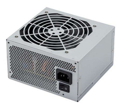 FSP500-50AAC power supply – 500W ATX industrial PSU with 120mm top fan, perforated rear grille, IEC AC inlet and power switch.