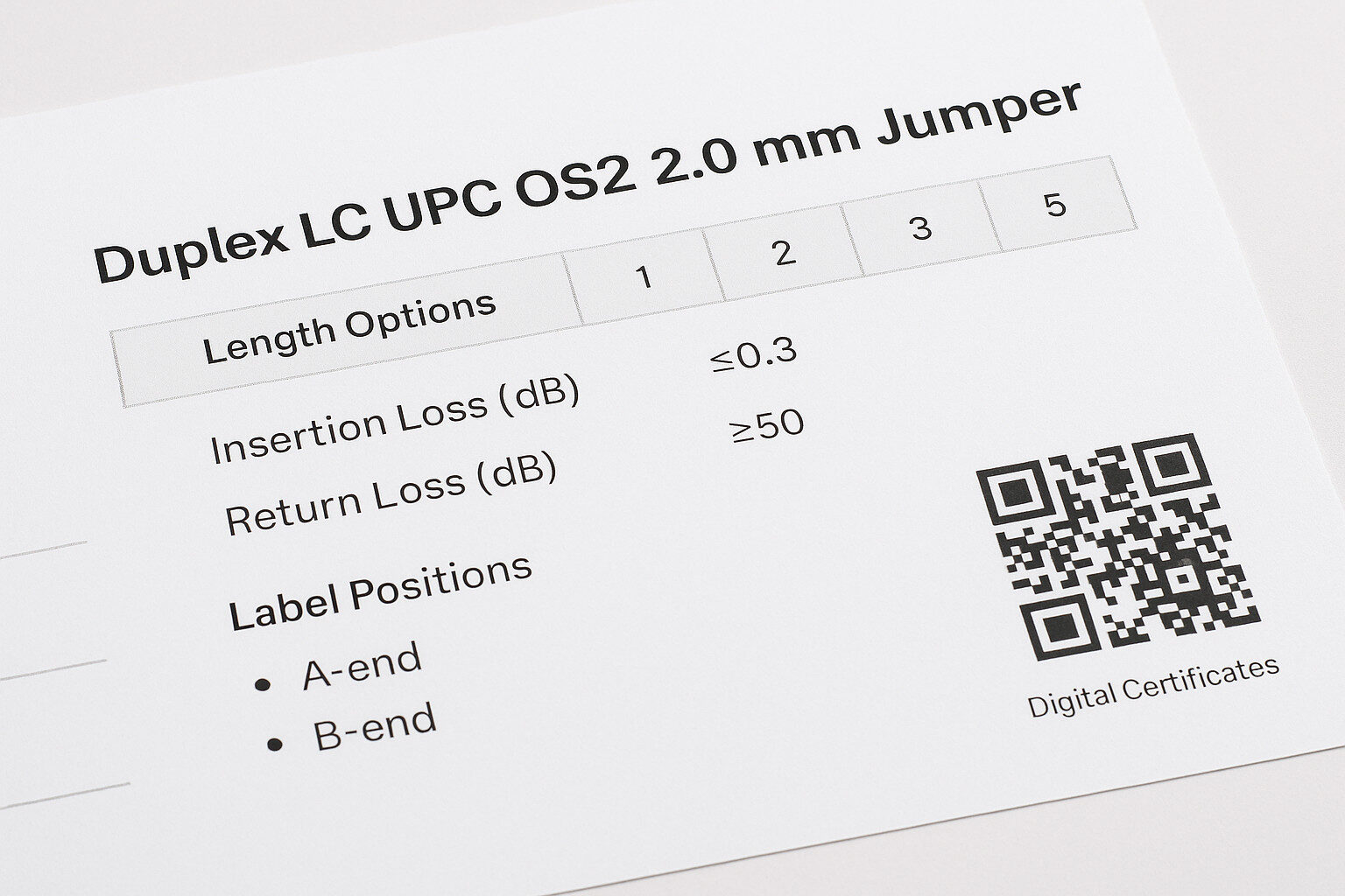 Spezifikations- und Kennzeichnungsbeispiel für Glasfaserkabelbaugruppen einschließlich IL/RL-Berichten und Serienkennungen.