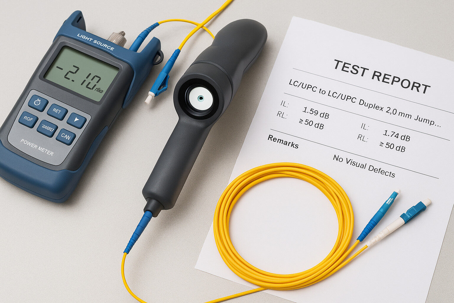 EMS-Testplatz zur Validierung von Glasfasersteckern mit Einfüge- und Rückflussdämpfung sowie Endflächenbildern.