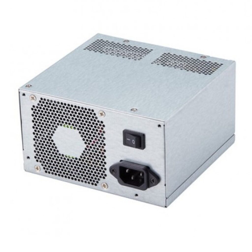 FSP700-80PSA(SK) 700-W-Industrie-IPC-Netzteil mit rückseitigem 80-mm-Lüfter, Netzschalter und IEC-C14-Eingangsstecker in einem PS2-ATX-Metallgehäuse.