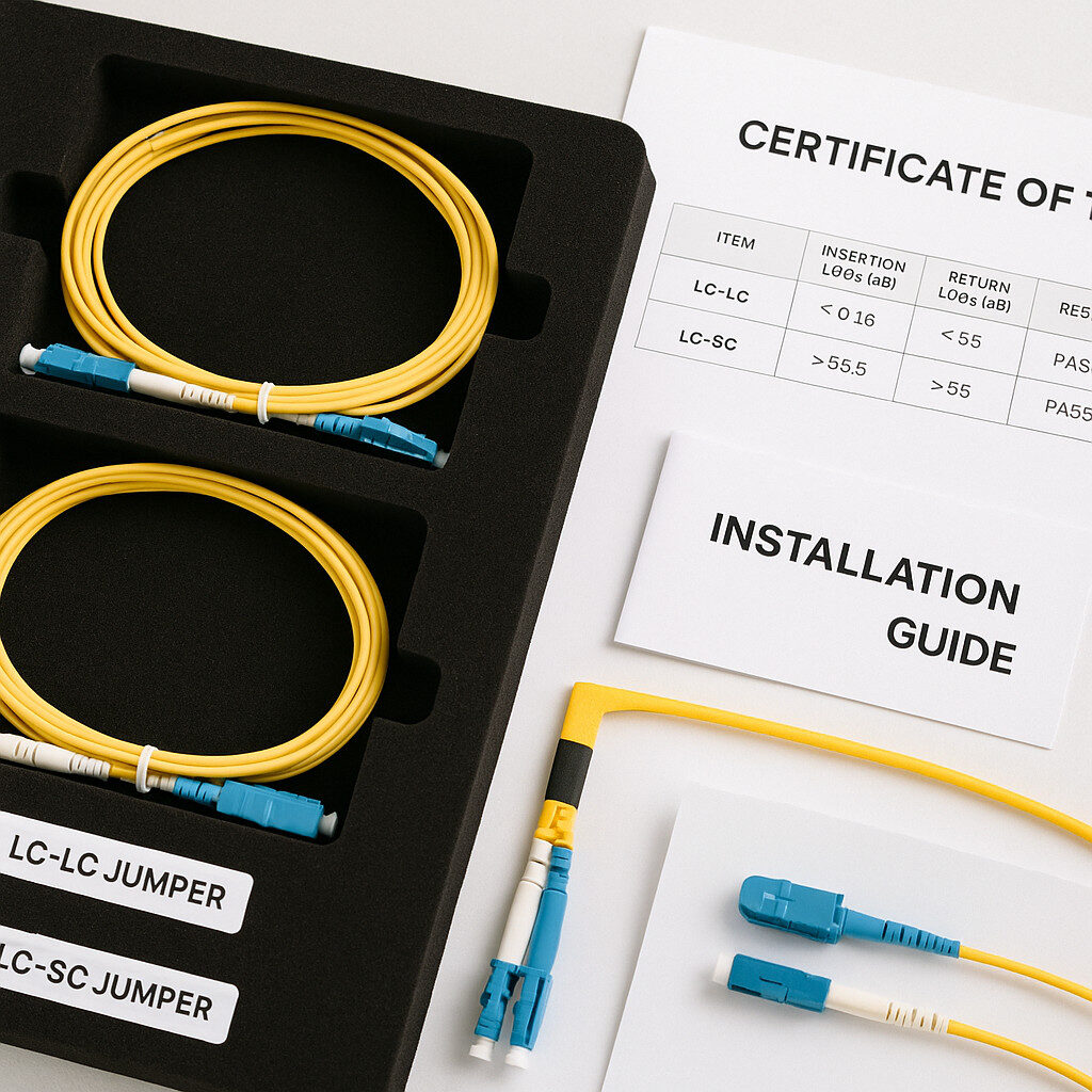 Gekittete Glasfaserkabel und Stecker mit serialisierten Etiketten und Testzertifikaten, einsatzbereit.