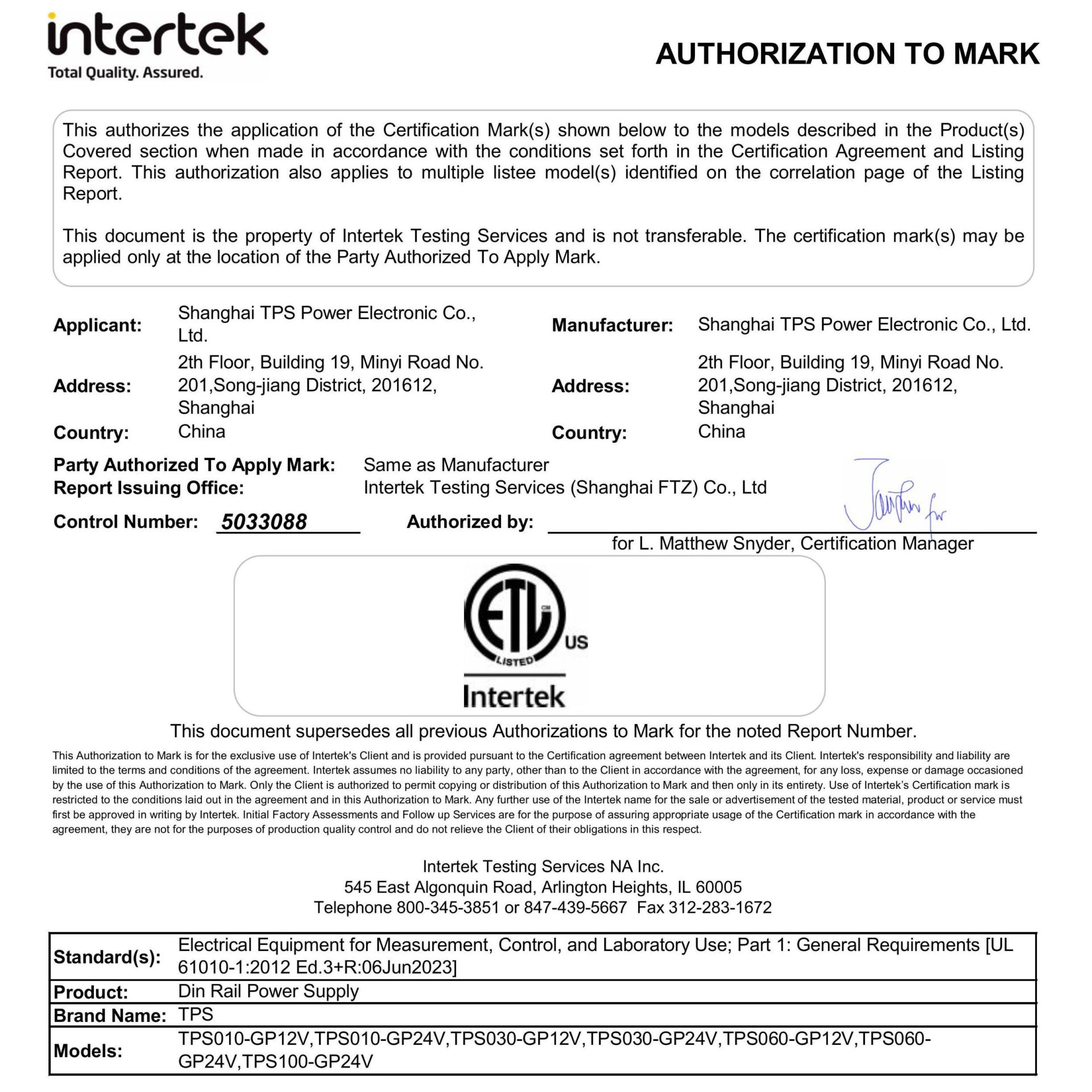 Intertek-Zertifikat zur Markenanbringung für die DIN-Schienennetzteil-Modelle von Shanghai TPS Power Electronic Co., Ltd. (TPS010-GP12V, TPS010-GP24V usw.), das die Konformität mit der Norm UL 61010-1:2012 Ausg.3+R:06.Juni.2023 bestätigt.