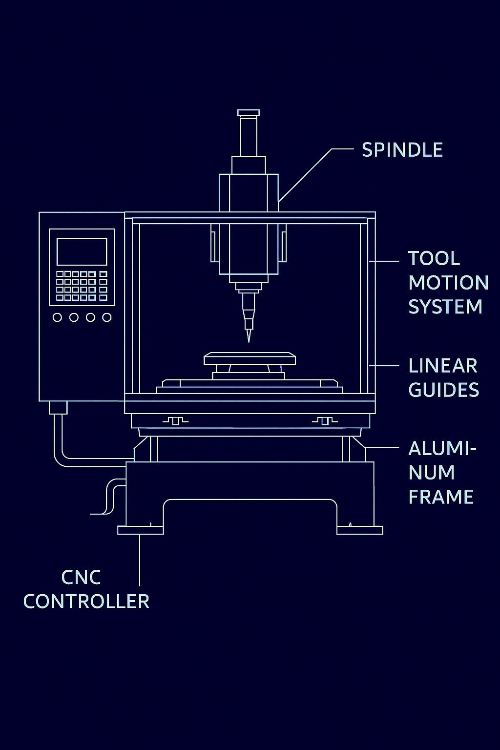 Technical blueprint front view of a 5-axis CNC machining center showing labeled components including spindle, CNC controller, tool motion system, linear guides, and aluminum frame on a dark blue background.