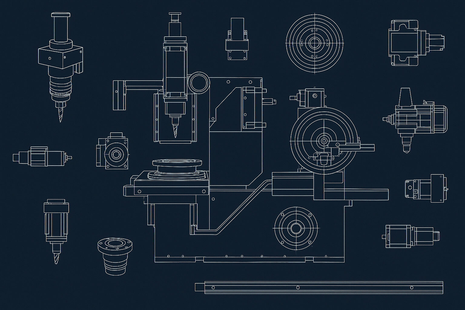Detailed blueprint-style illustration of a 5-axis CNC machining center showing spindle assembly, rotary table, linear guides, and servo motor components in precise white line art on a dark blue background.