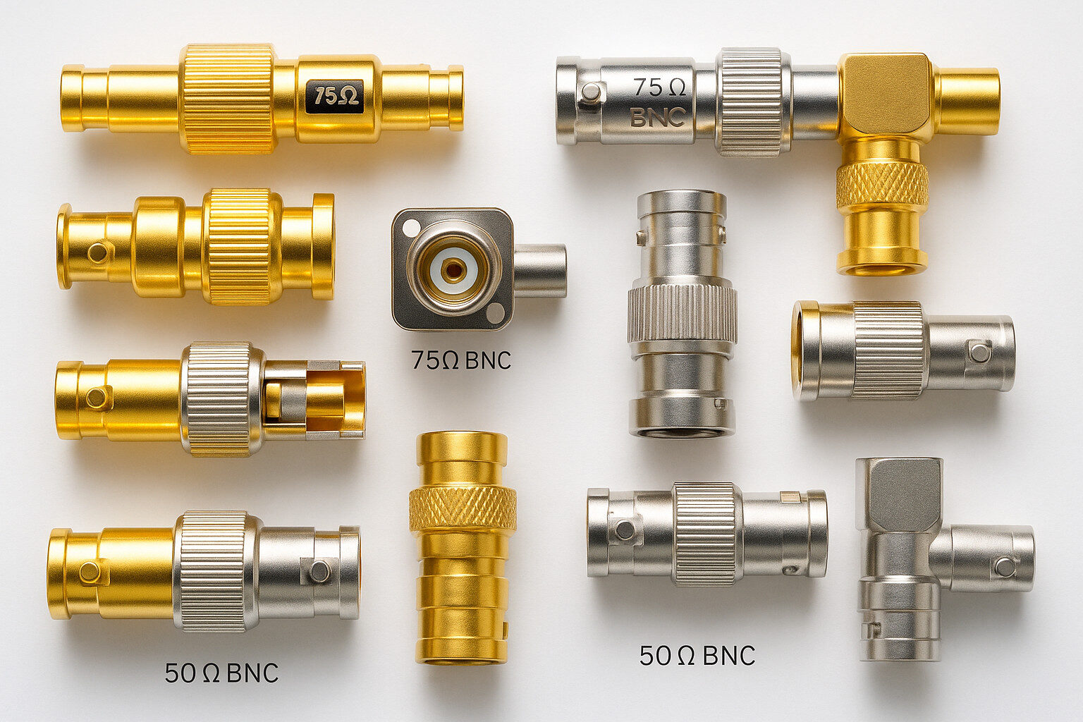 Comparison of 50 Ω and 75 Ω BNC connectors — gold and nickel finishes, malefemale types, straight and right-angle versions for RF and video applications