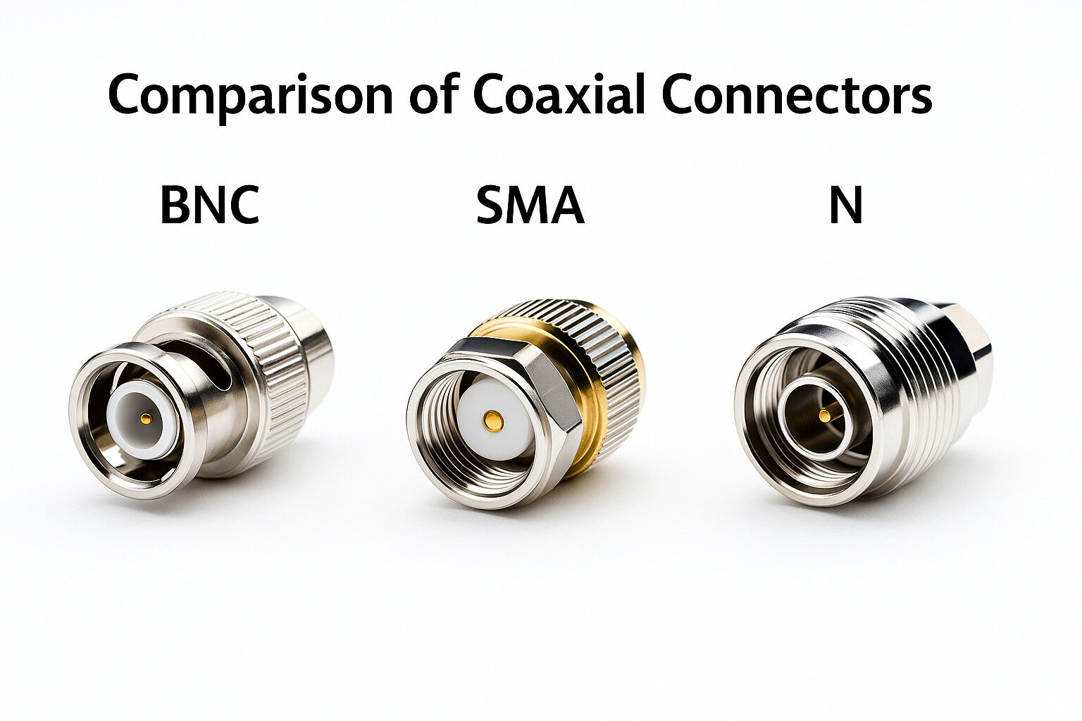 High-resolution front view of three coaxial connectors—BNC, SMA, and N-type—shown side by side on a clean white background with clear labels. Ideal for illustrating connector differences in RF and test applications.