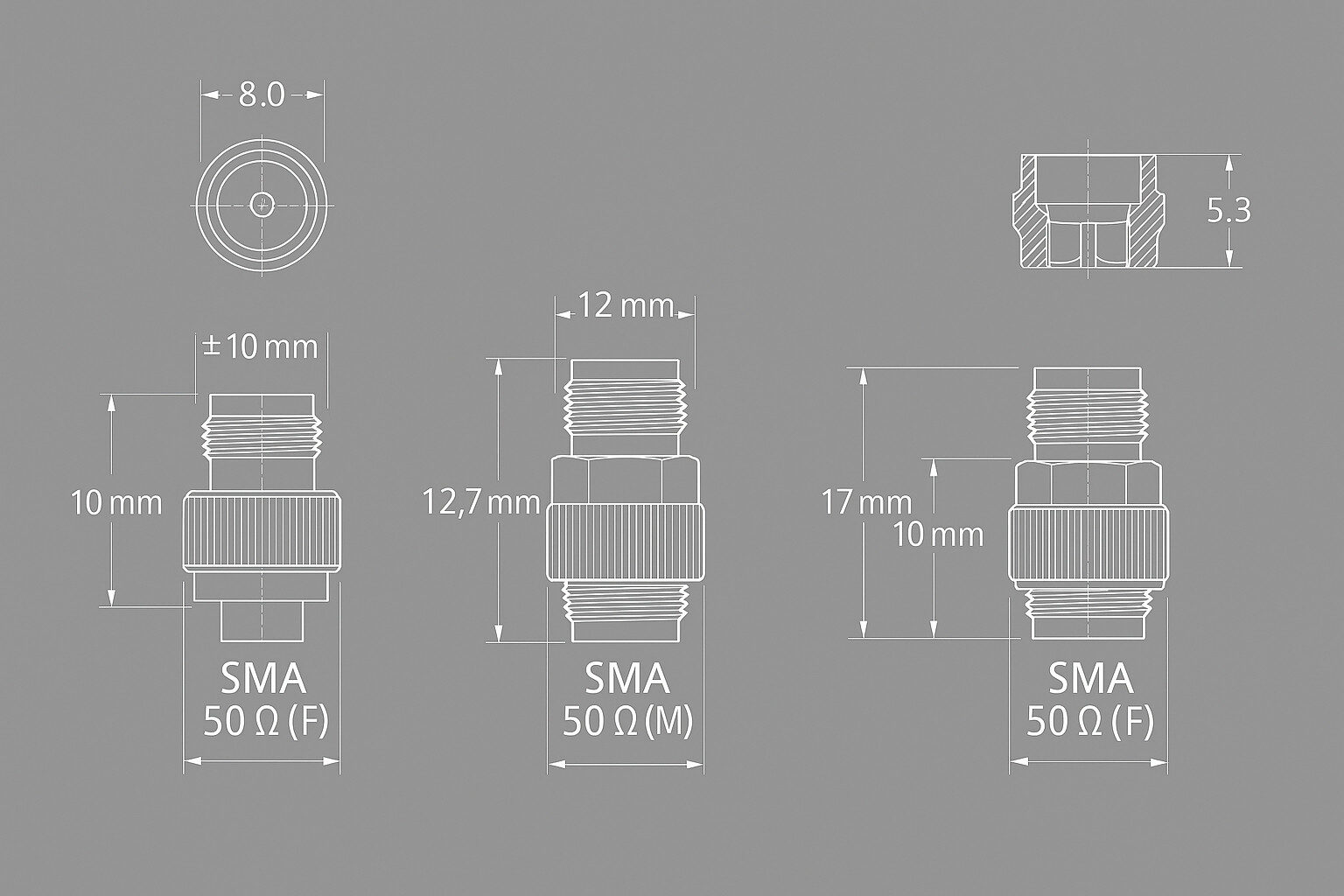 Different types of SMA connectors arranged for comparison.