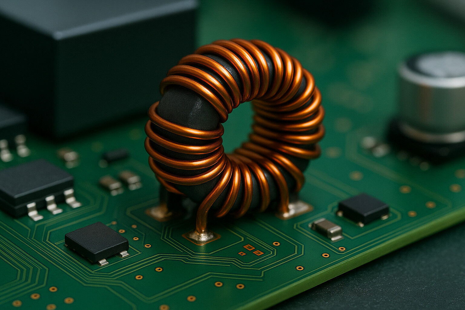 Power PCB with a toroidal inductor built on a nanocrystalline core, showing thermal and airflow considerations.