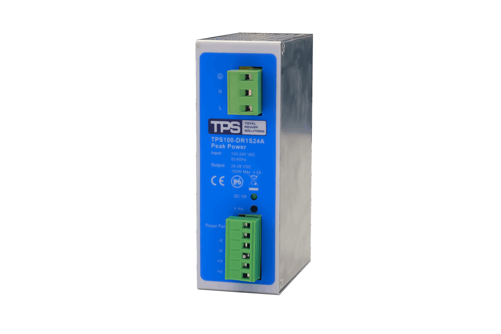 TPS100-DR1S24A 24-28V 100W DIN rail power supply from the TPS100-320W Peak DR+ series mounted on DIN rail.