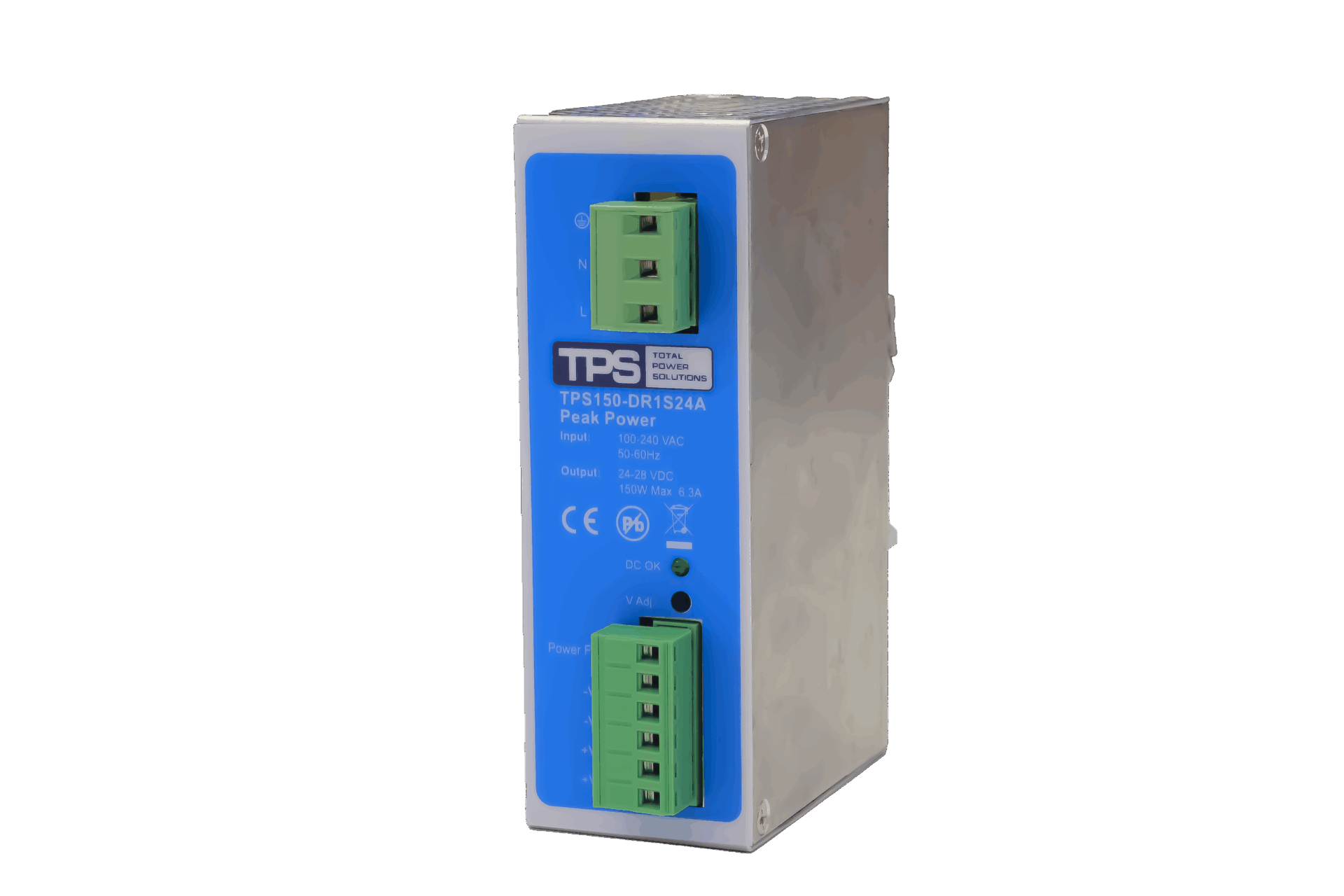 TPS150-DR1S24A 150W DIN rail PSU showing natural convection cooling through the ventilated housing.