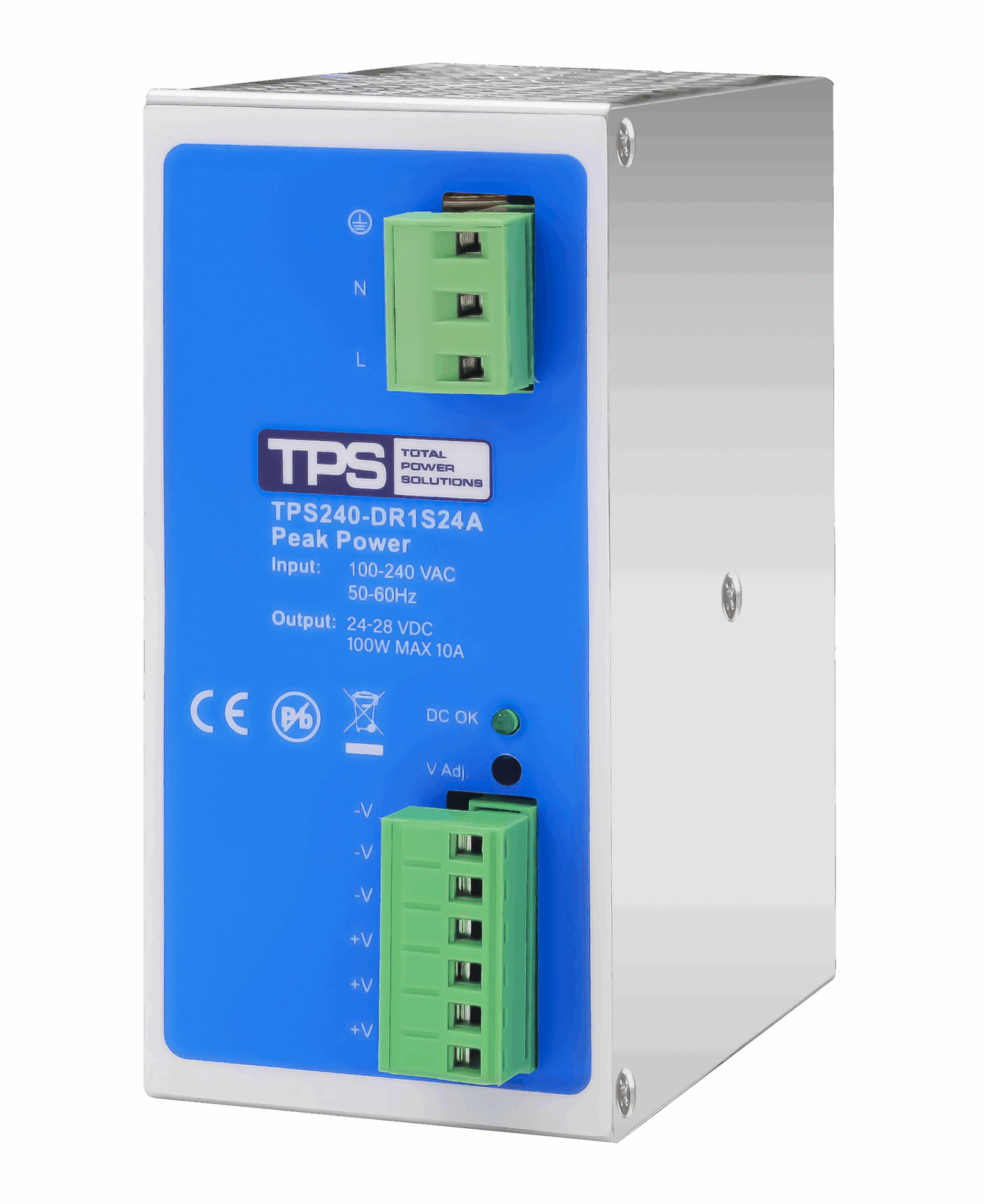 TPS240-DR1S12A 240W DIN rail power supply with adjustable 12-15VDC output terminals and status LED.