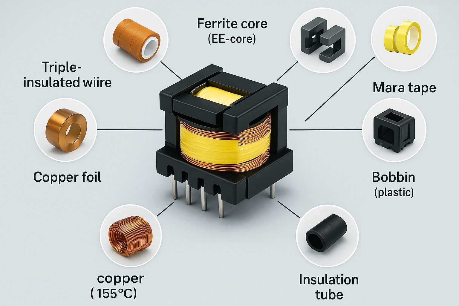 Exploded view of a high frequency transformer including ferrite core, bobbin, interleaved windings, and potting cup.