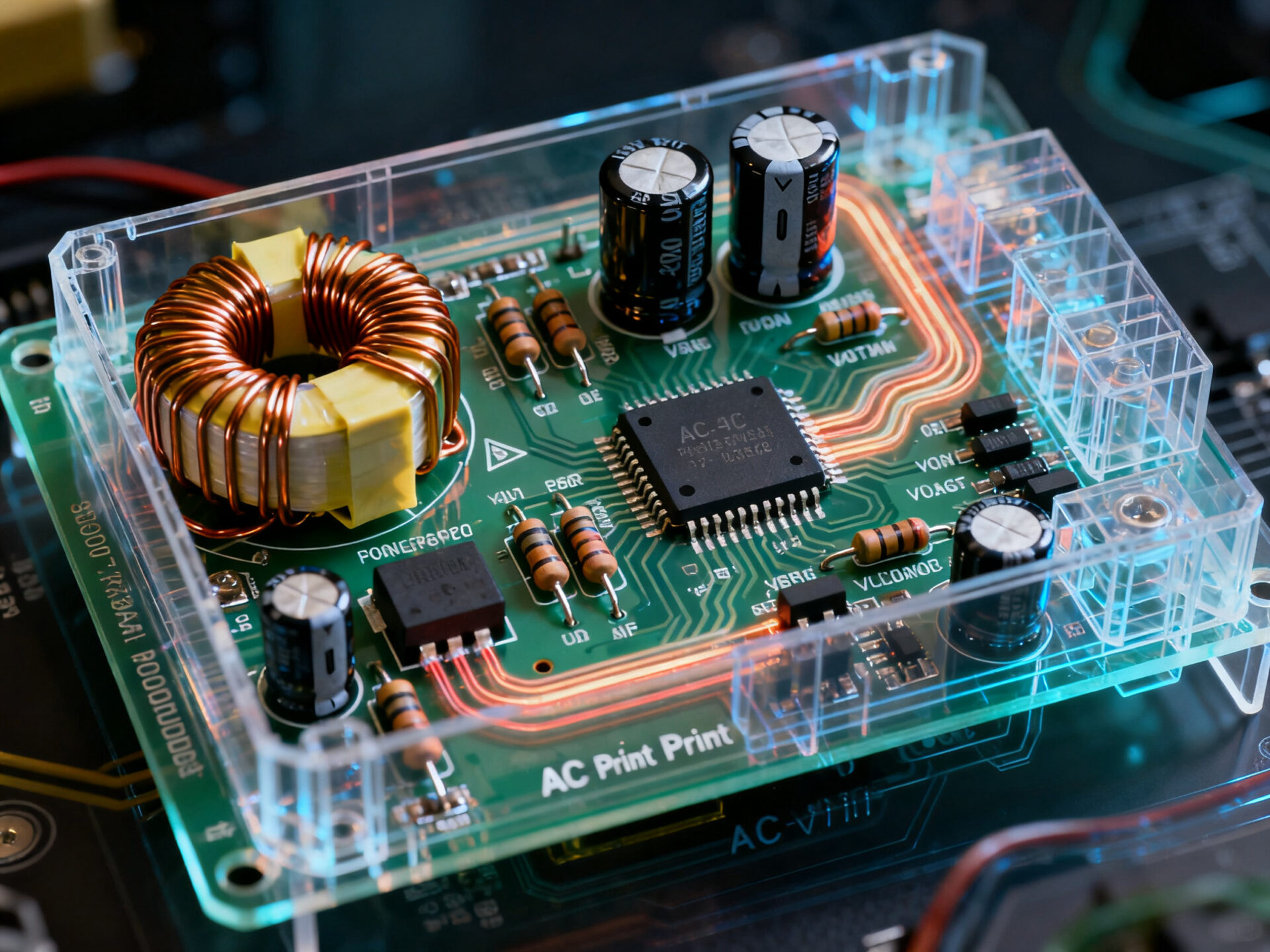 Close-up of an ACDC Print Module’s internal circuit design highlighting the power factor correction circuit and input voltage regulation components. The diagram shows voltage flow from AC/DC input to regulated DC output on the PCB.