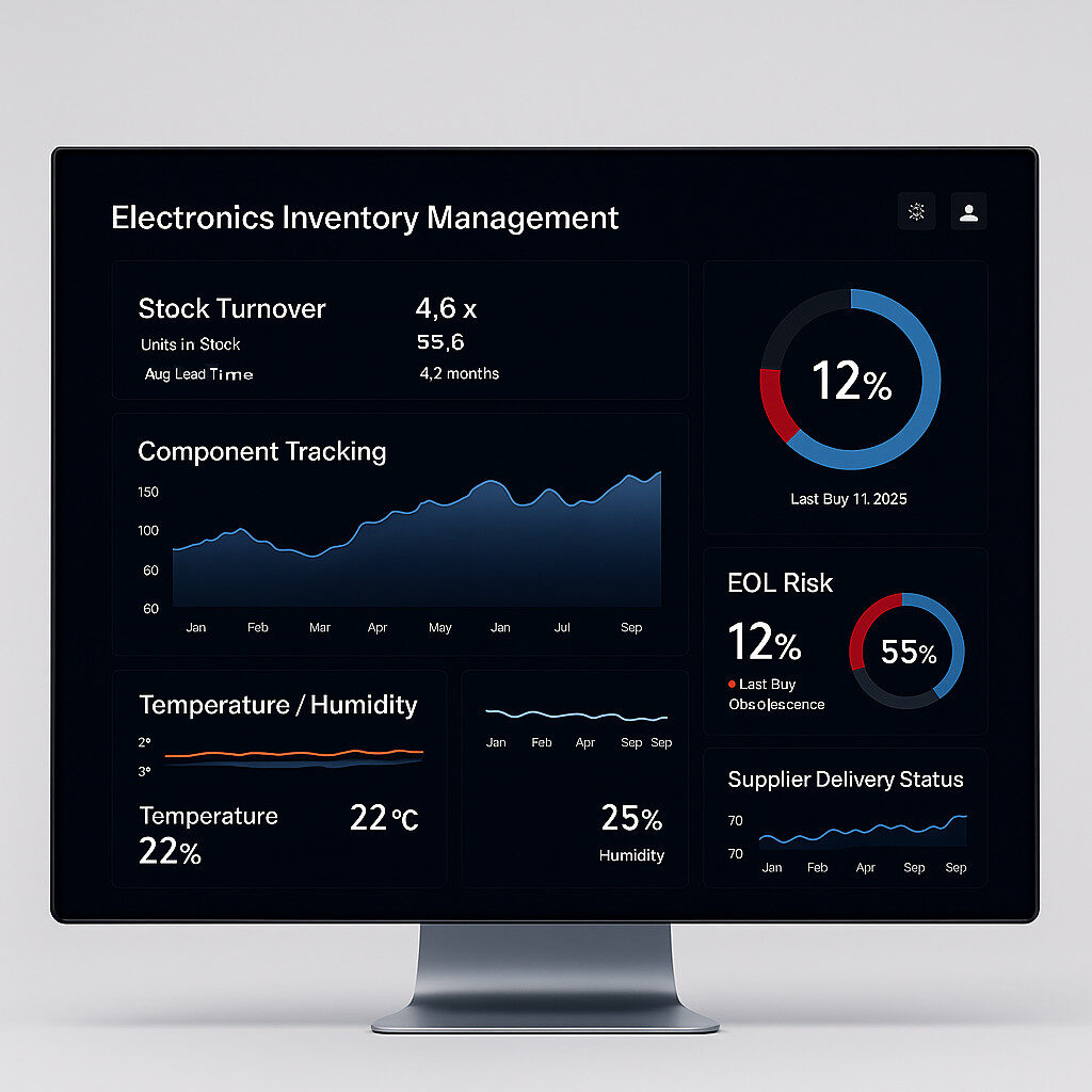 An electronics inventory management dashboard is displayed, showcasing real-time analytics of electronic components and excess inventory management. The interface includes graphs and metrics that highlight surplus stock, aiding electronics manufacturers in optimizing their supply chain and reducing storage costs.