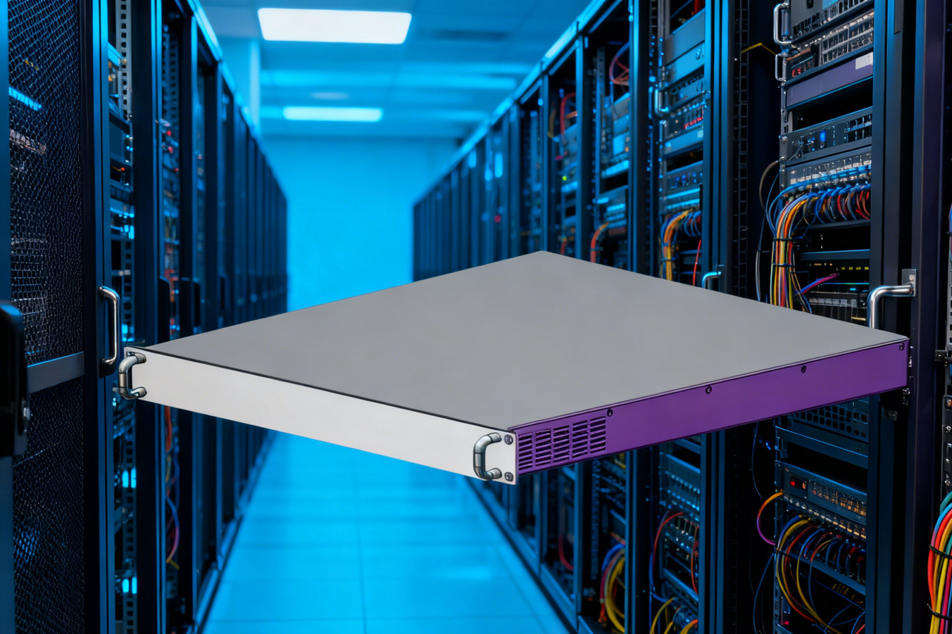 Multiple 19-inch server chassis are neatly installed in standardized racks and connected with cables.