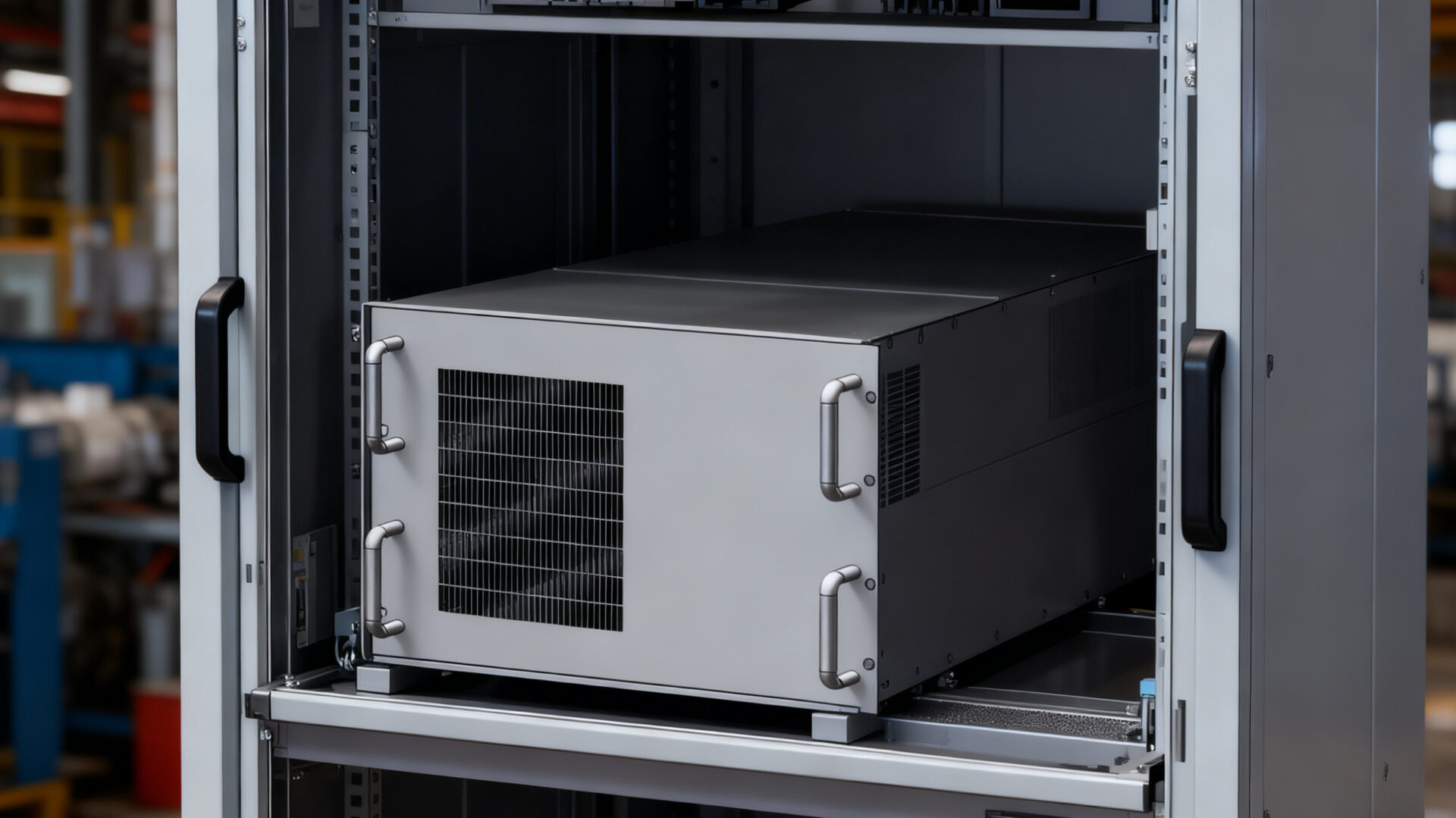 A ruggedized 19-inch industrial chassis mounted in a control cabinet on a factory floor, with visible cables connected to its nickel coated rear panel.