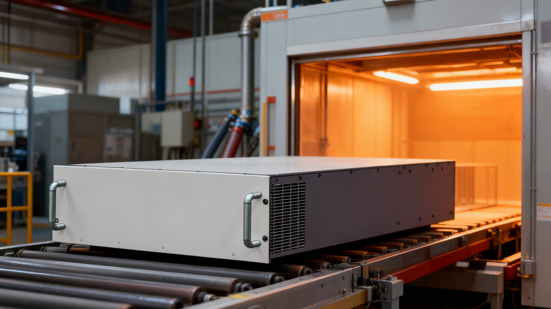 Industrial powder coating production line showing chassis components moving through pretreatment stages, electrostatic powder application booth, and curing oven. 