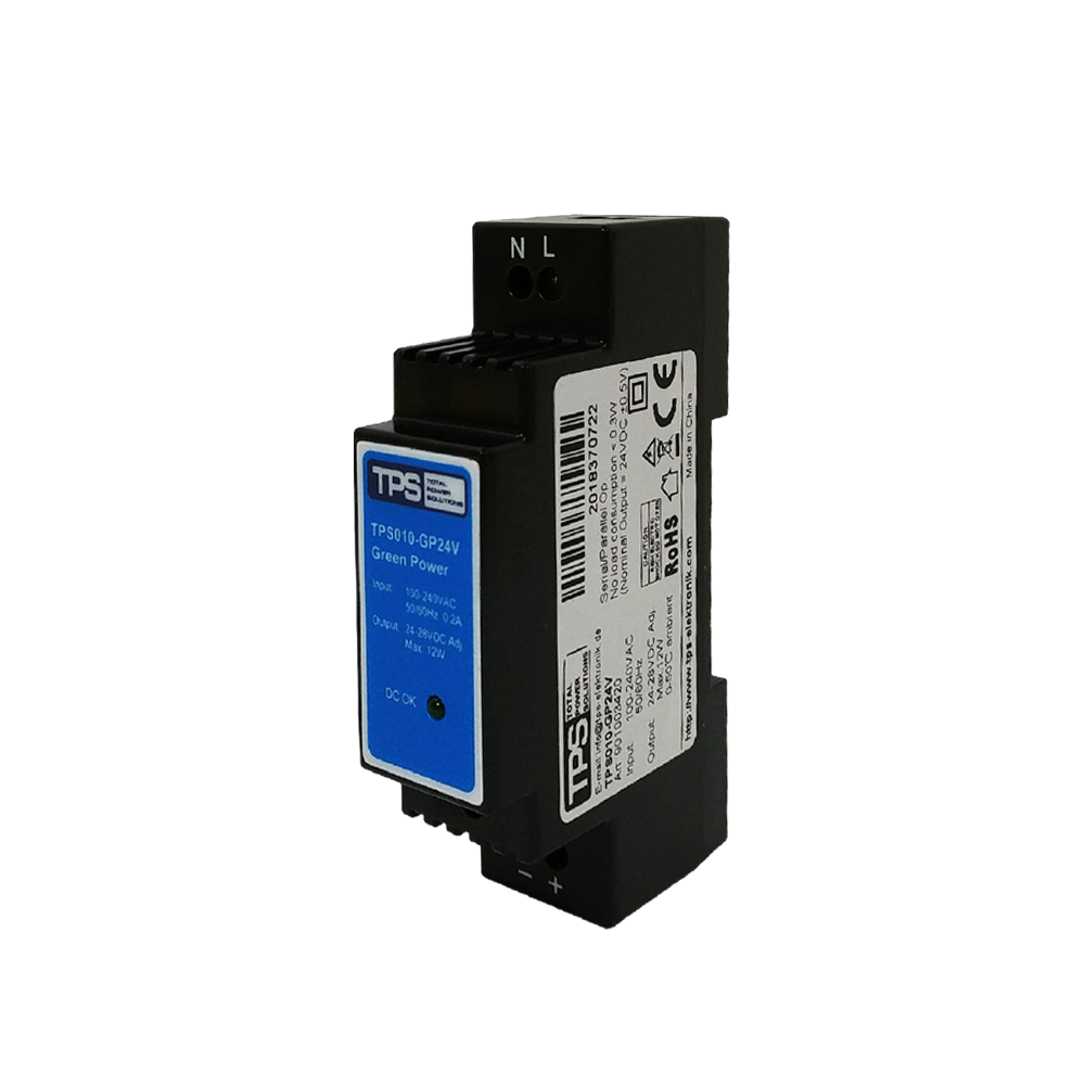 TPS010-GP24V compact switching power supply mounted on DIN rail, showing front label and terminal layout for low-power automation panels.