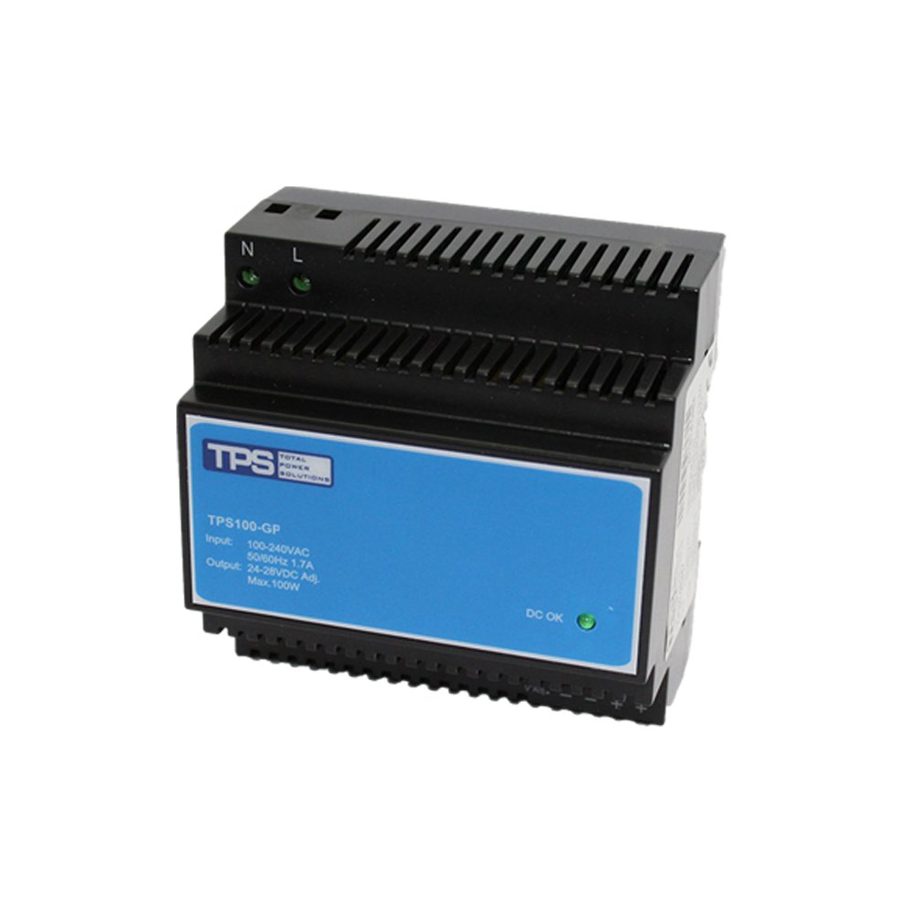TPS100-GP24V 100 W high efficiency DC power supply mounted on DIN rail for building automation and LED lighting.