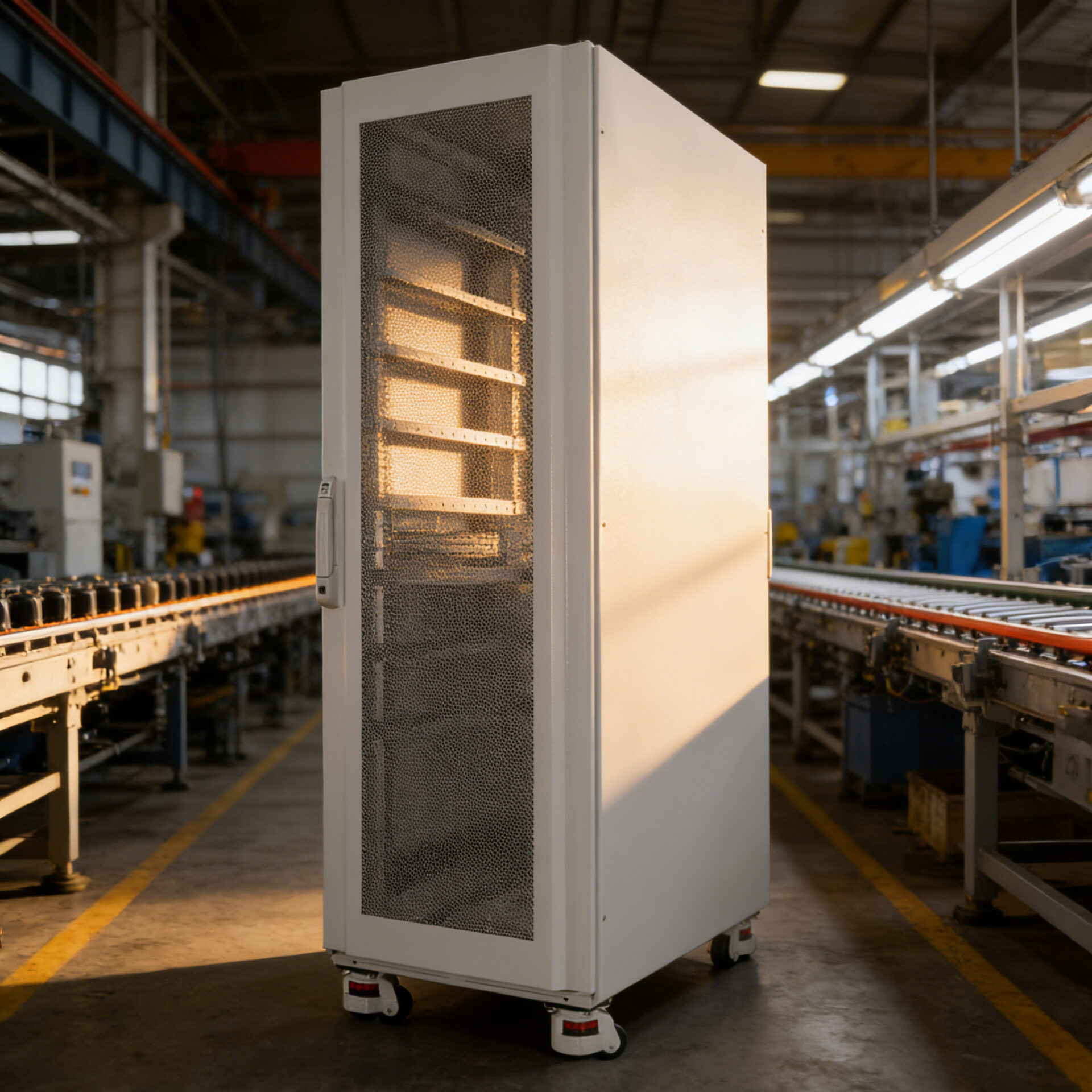 In the factory workshop, light focuses on a robust 19-inch industrial server rack. Standing quietly and steadily beside the production line, it becomes the visual focal point of the entire scene.