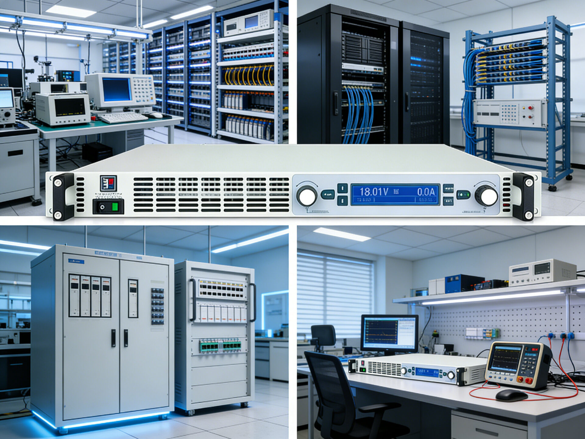 Diverse application scenarios for 1U programmable DC power supplies: High-density ATE, telecom, industrial control, and space-conscious R&D labs.