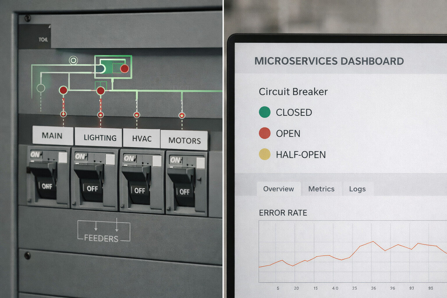 Hardware-Leistungsschalter-Schaltfeld neben einem Software-Dashboard, das das Circuit-Breaker-Entwurfsmuster veranschaulicht.