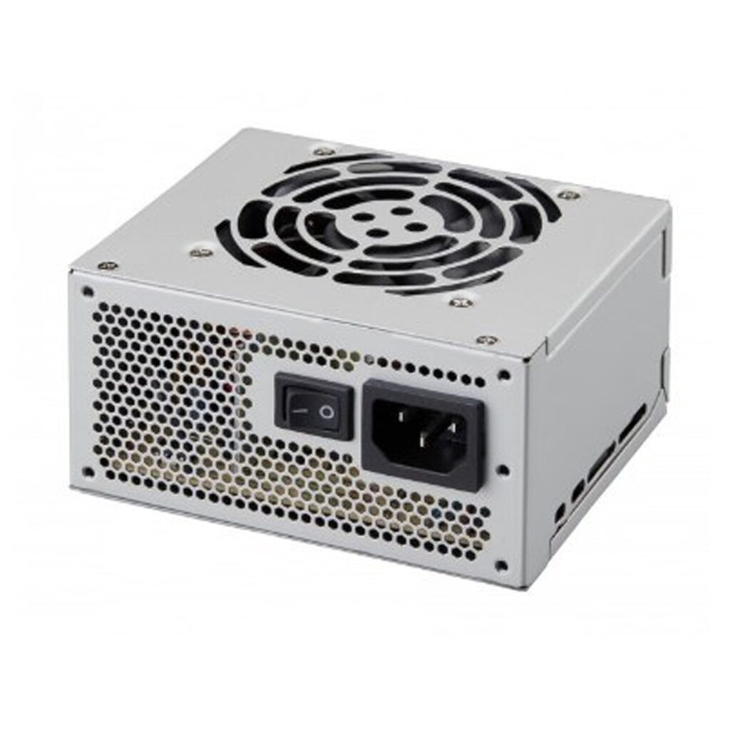 FSP350-50SAC power supply product photo showing compact ATX PSU housing with AC inlet, rear power switch, and top fan grille for airflow.