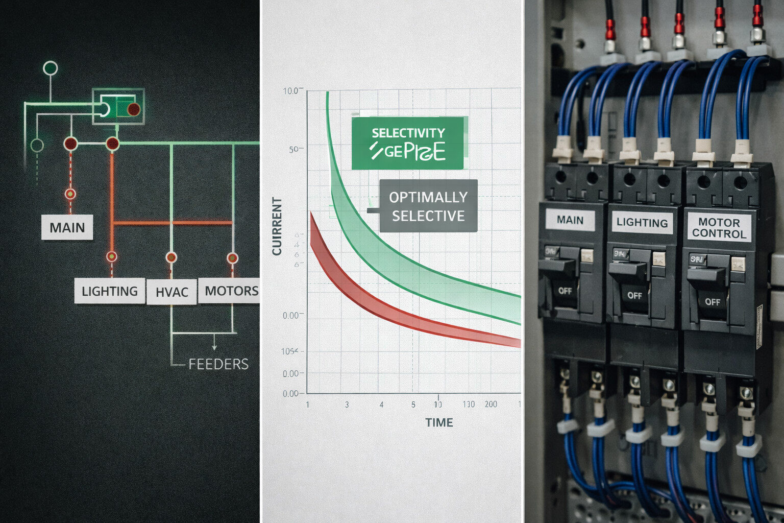 Schutzkoordination mit Einliniendiagramm, Zeit-Strom-Kurven und verdrahtetem Leistungsschalterfeld.