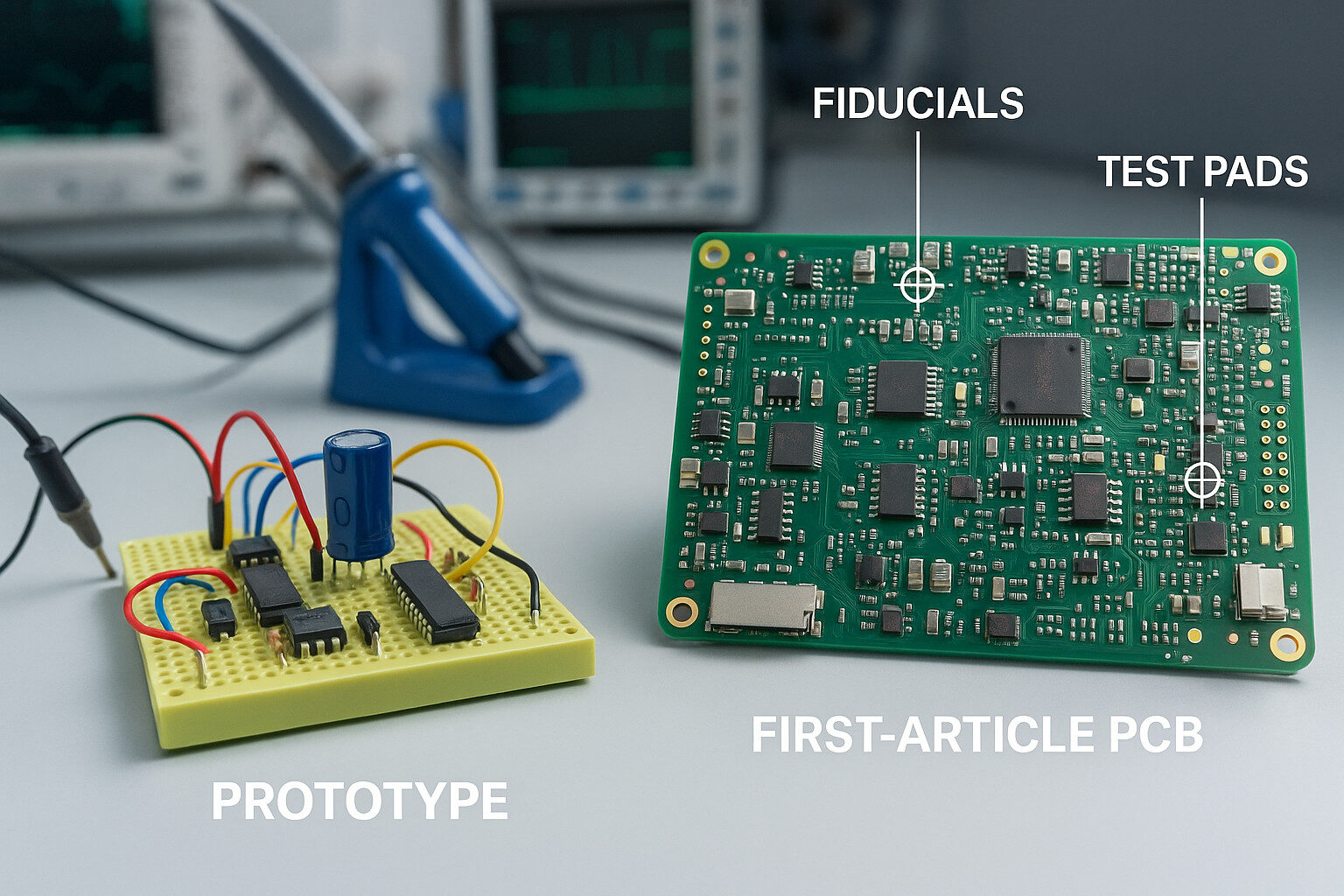 Transition from protoboard to first-article PCB with DFM and DFT improvements.