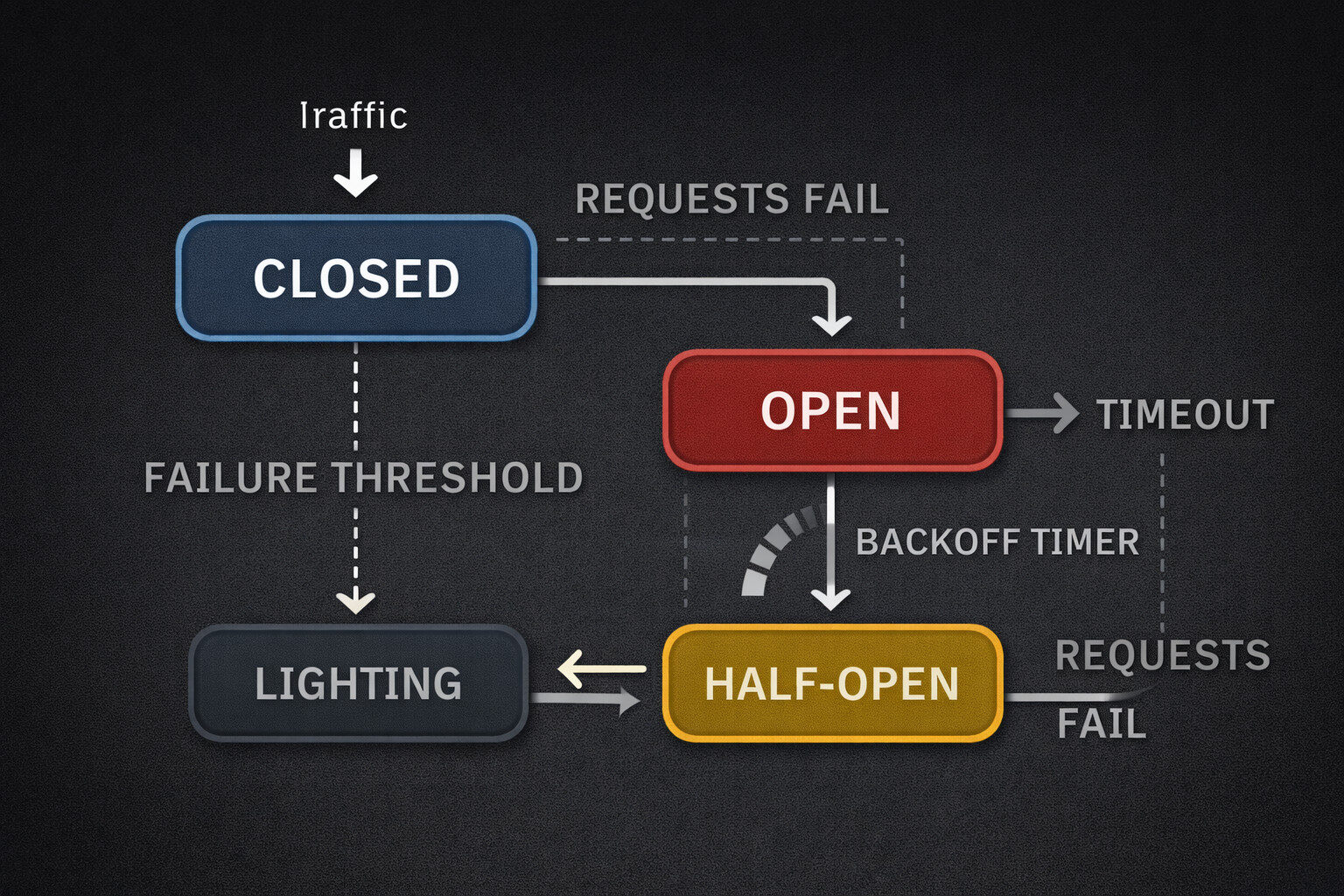 Zustandsautomat des Circuit-Breaker-Musters mit Geschlossen, Offen und Halb-offen inklusive Schwellwerten und Timern.