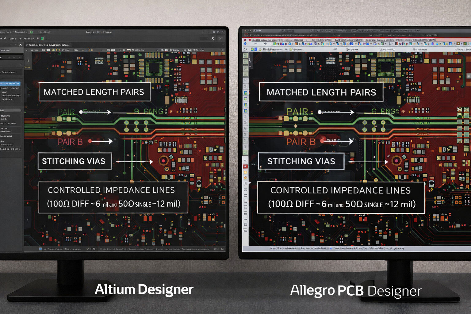 Altium- und Cadence-Allegro-Ansichten desselben High-Speed-PCB-Layouts mit gematchten Paaren und Masse-Stitching.