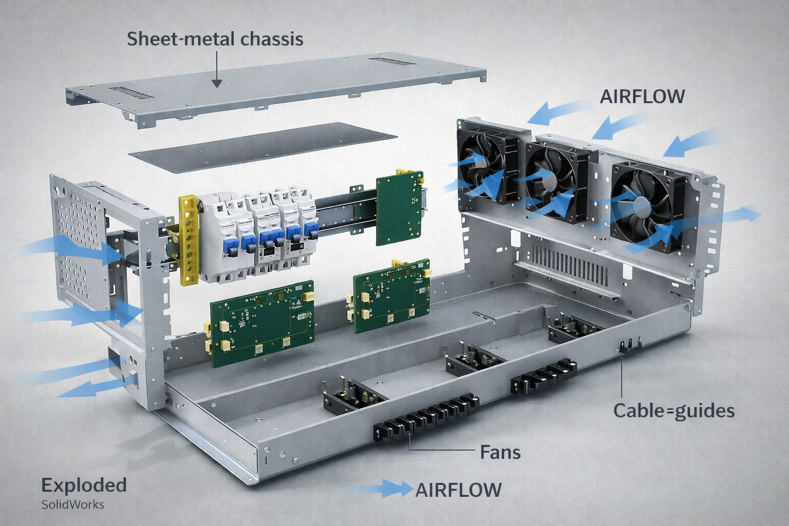 Explosionsdarstellung in SolidWorks einer elektromechanischen Baugruppe mit Schutzschaltern, PCBs, thermischem Pfad und Servicezugang.